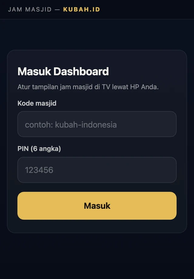 Halaman masuk dashboard takmir dengan kolom kode masjid dan PIN