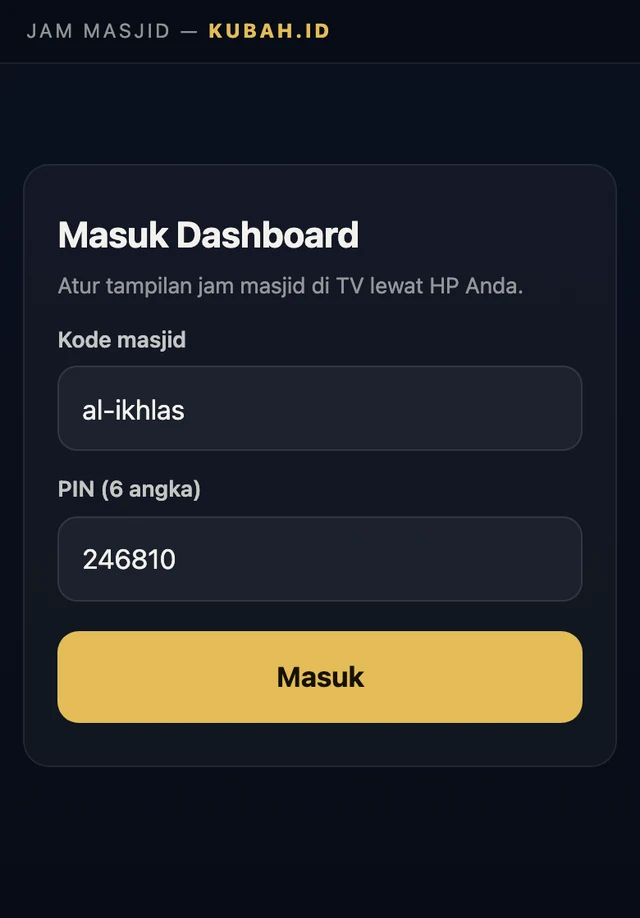 Kolom kode masjid dan PIN sudah terisi