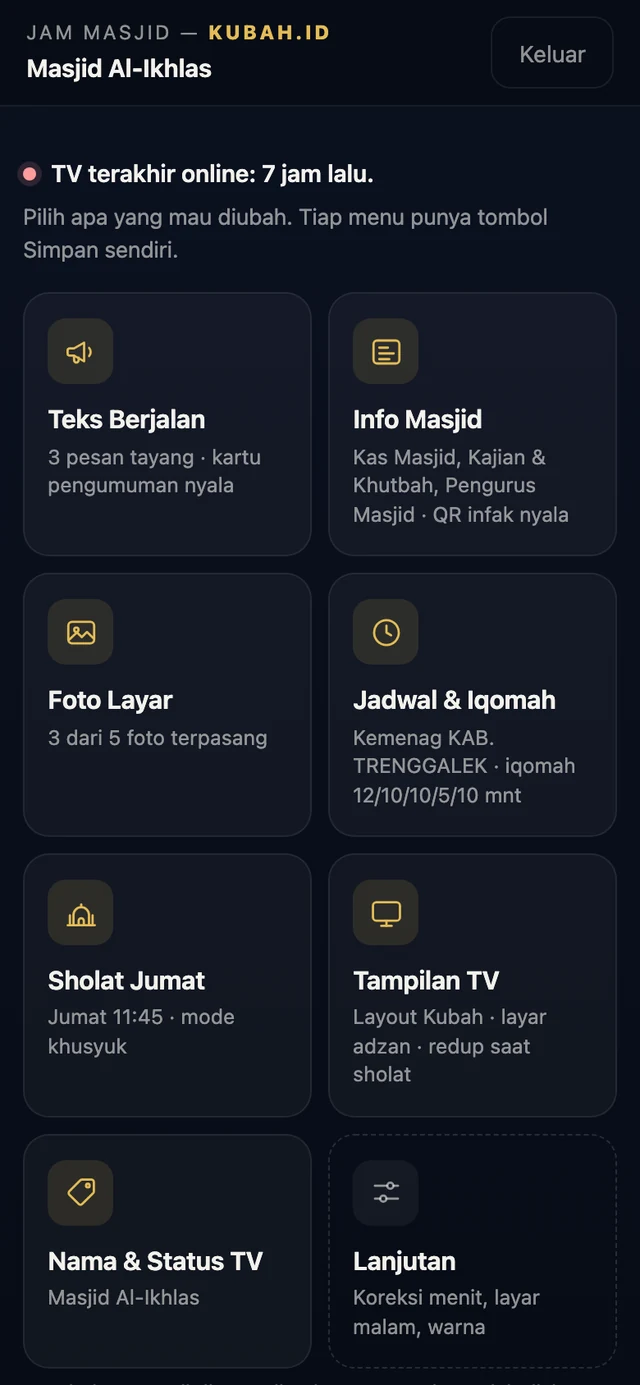 Beranda dashboard dengan delapan kotak menu dan status TV