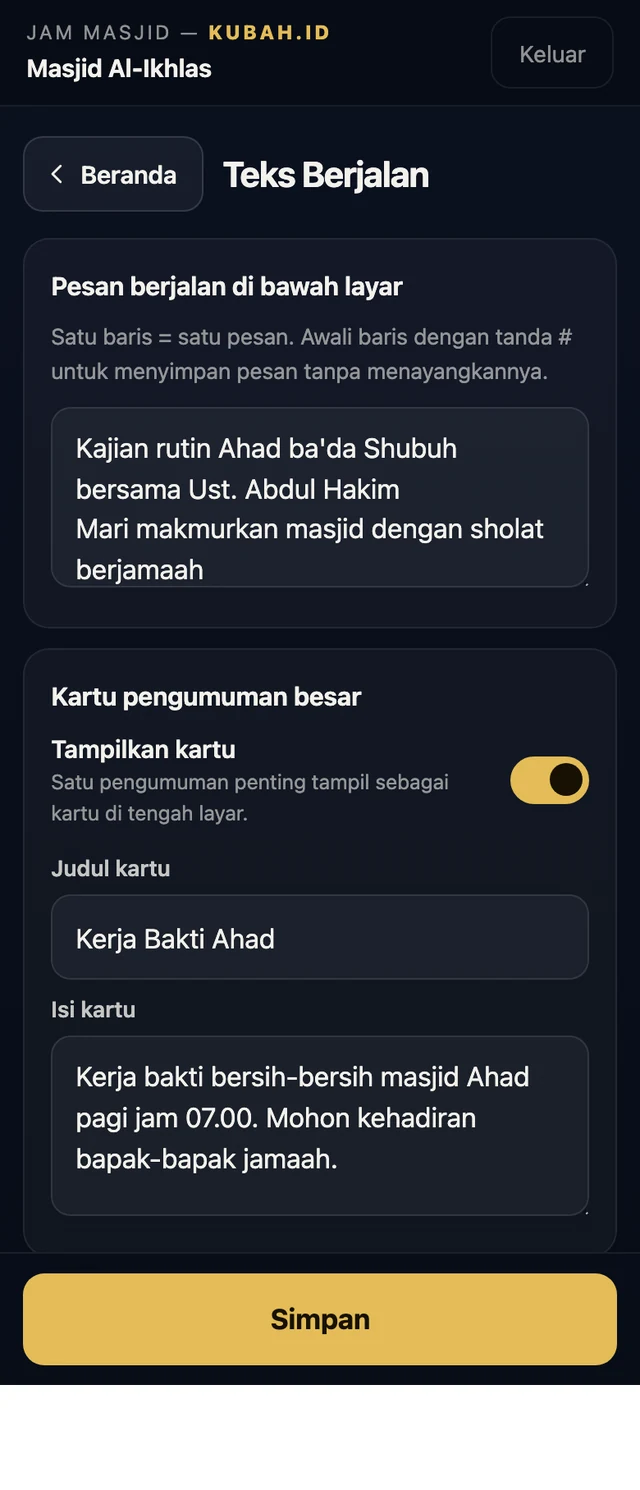 Menu teks berjalan dengan kotak isian pesan dan kartu pengumuman