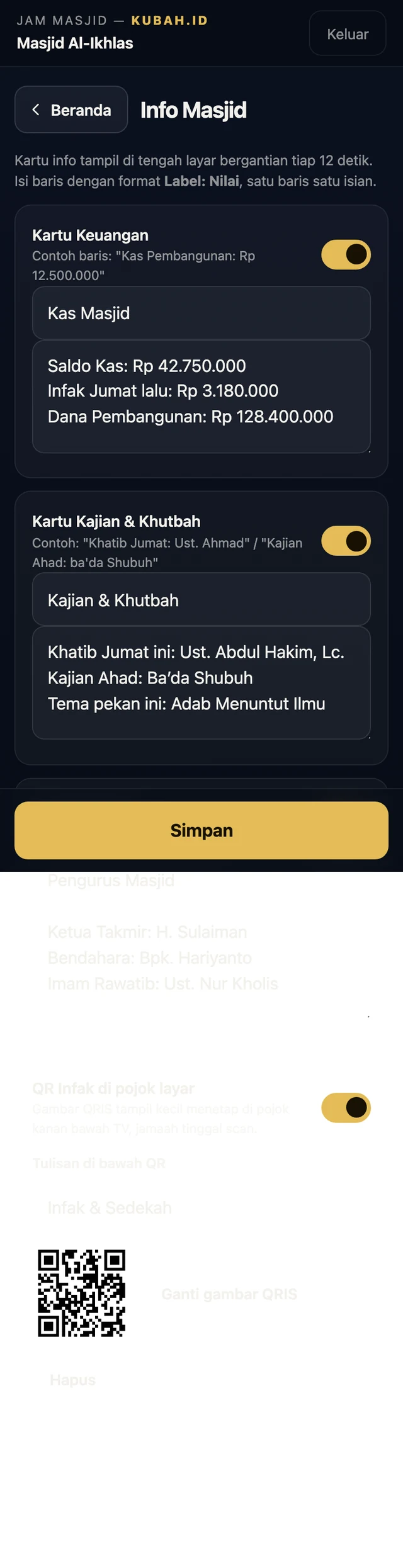 Menu info masjid dengan tiga kartu dan pengaturan QR infak