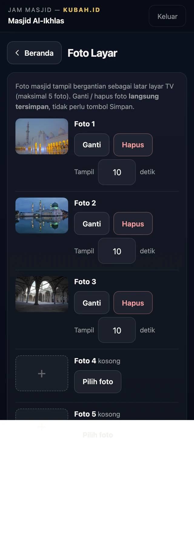 Menu foto layar dengan lima slot foto