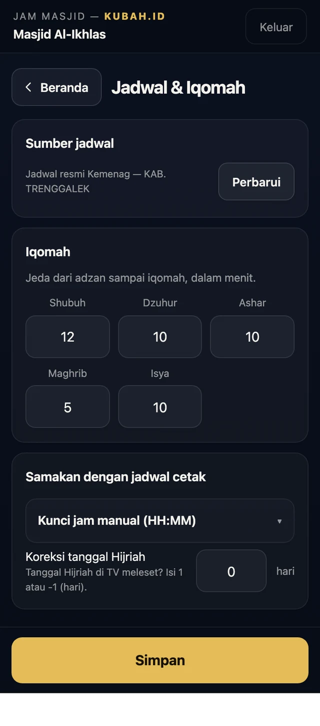 Menu jadwal dan iqomah dengan sumber jadwal Kemenag