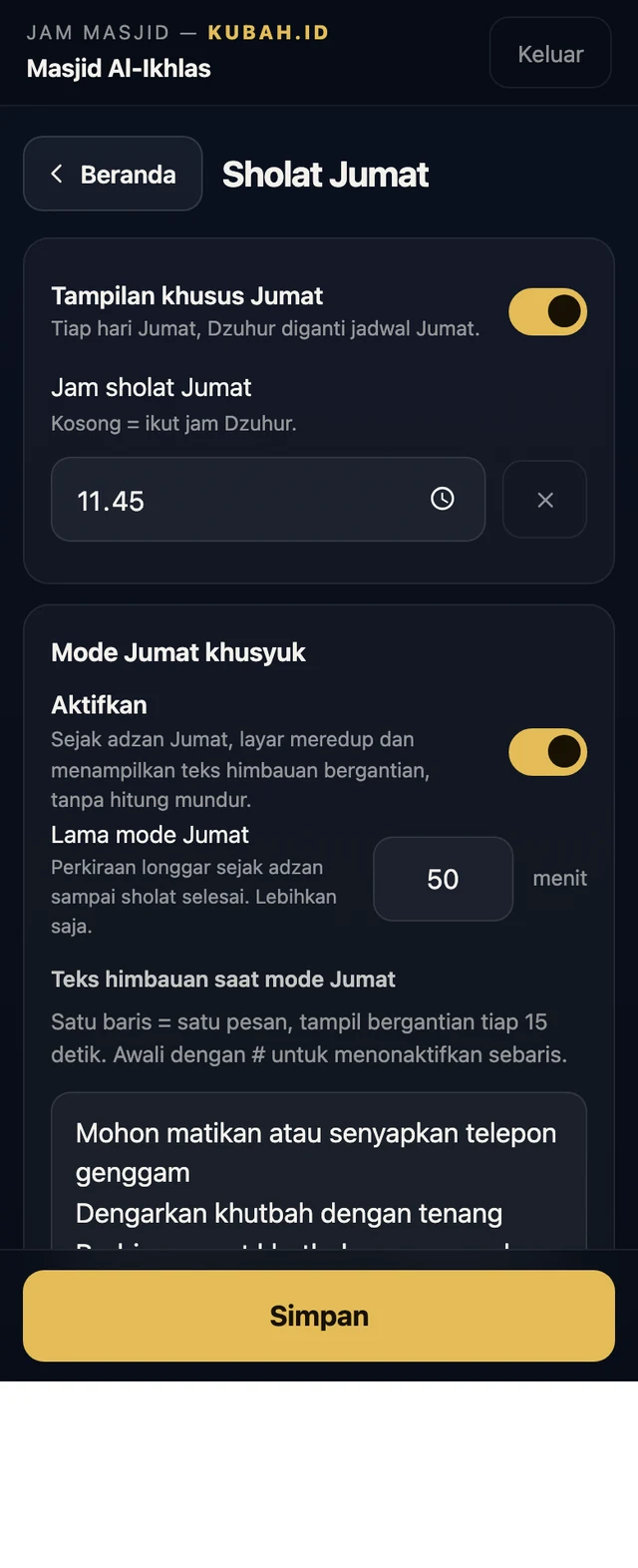 Menu sholat Jumat dengan jam Jumat dan mode khusyuk
