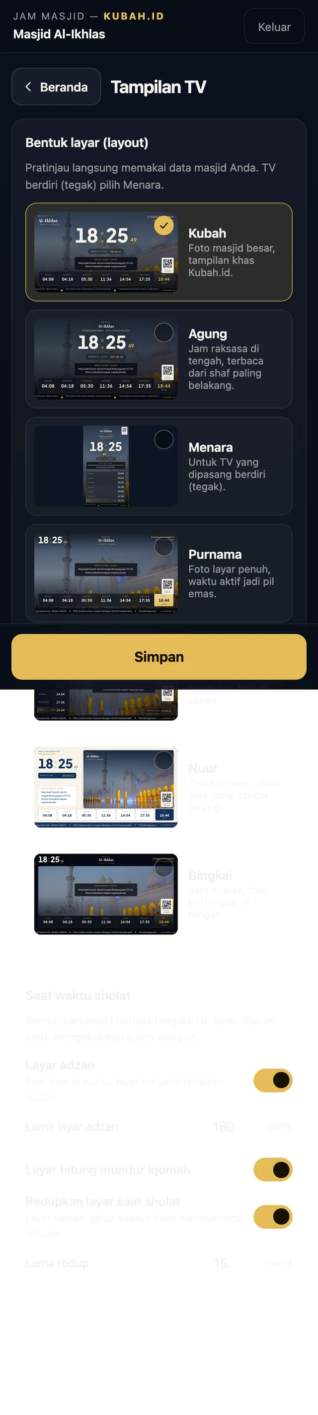 Menu tampilan TV dengan tujuh pilihan layout dan pratinjau