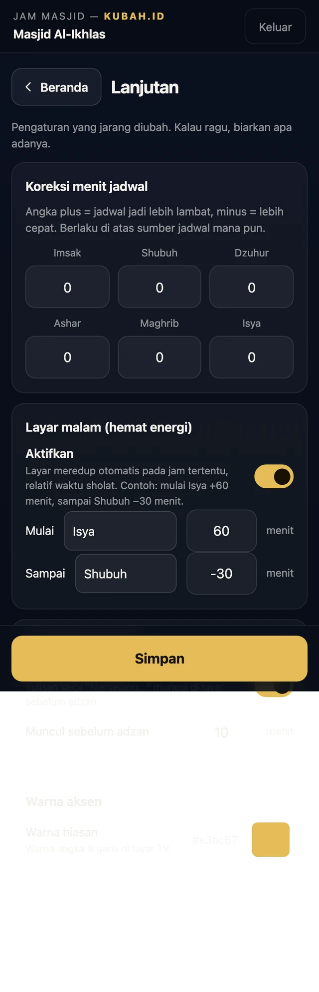 Menu lanjutan dengan koreksi menit dan layar malam