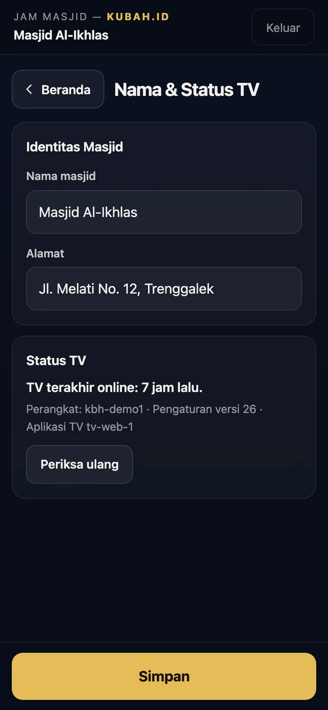 Menu nama masjid dan status TV