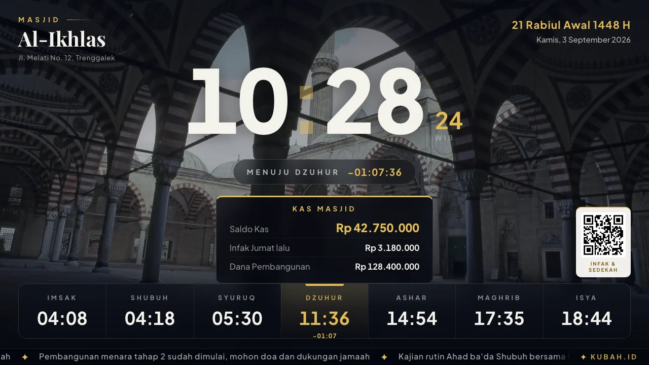 Layar TV menampilkan kartu kas masjid dengan saldo dan infak