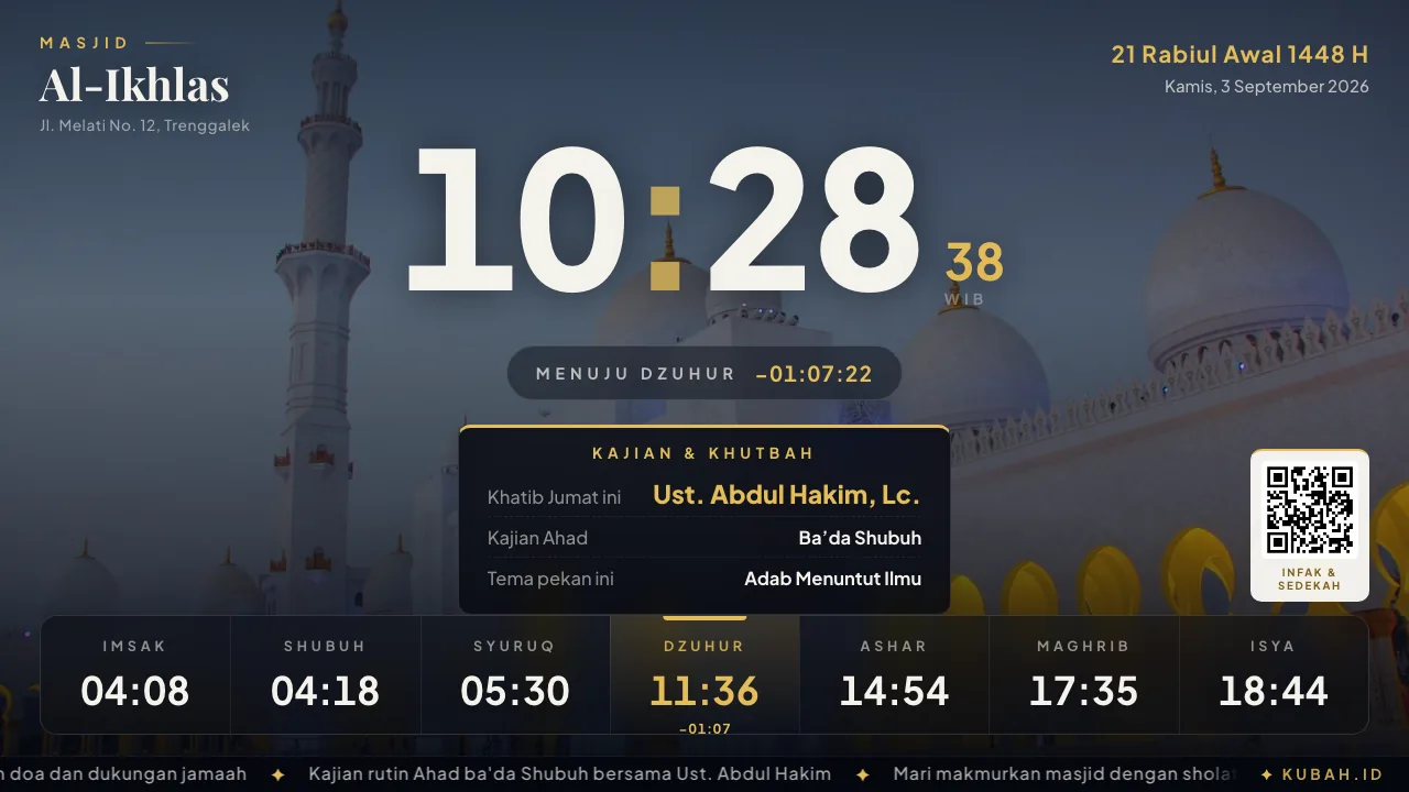 Layar TV menampilkan kartu kajian dan khutbah