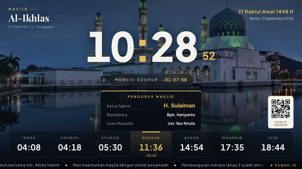Layar TV menampilkan kartu susunan pengurus masjid