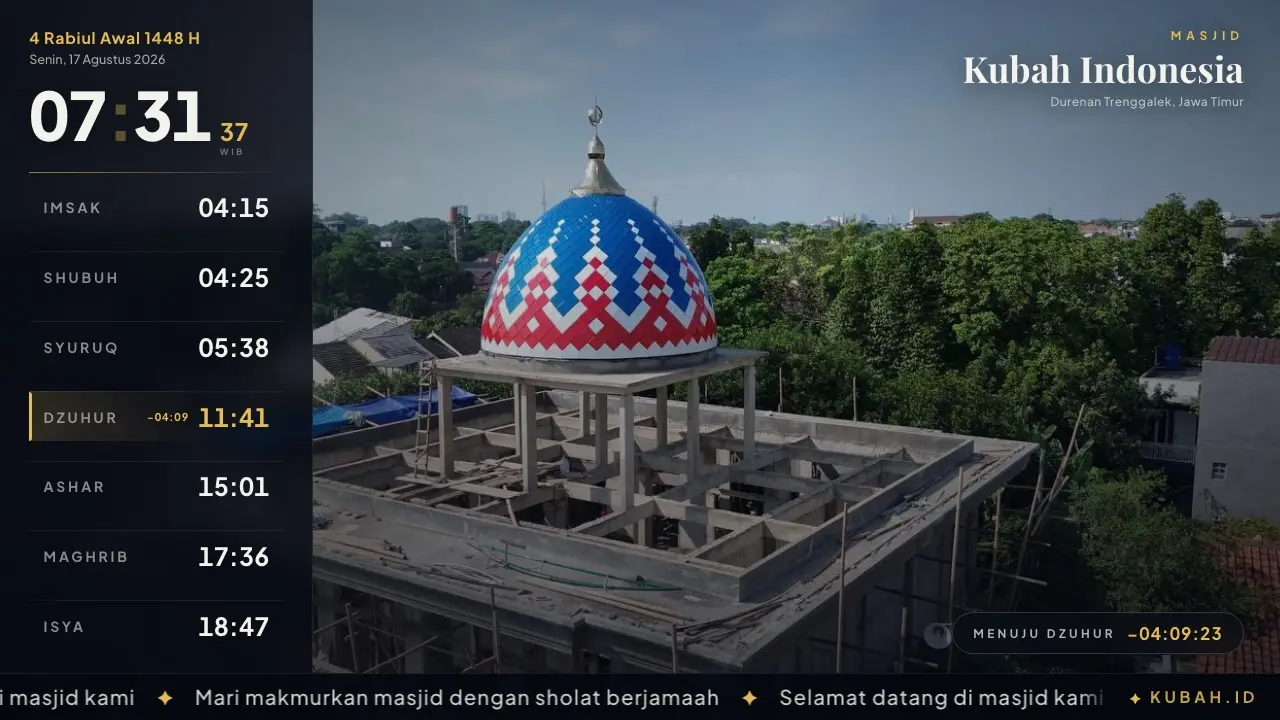 Tema Serambi — panel kiri berisi daftar tujuh waktu sholat